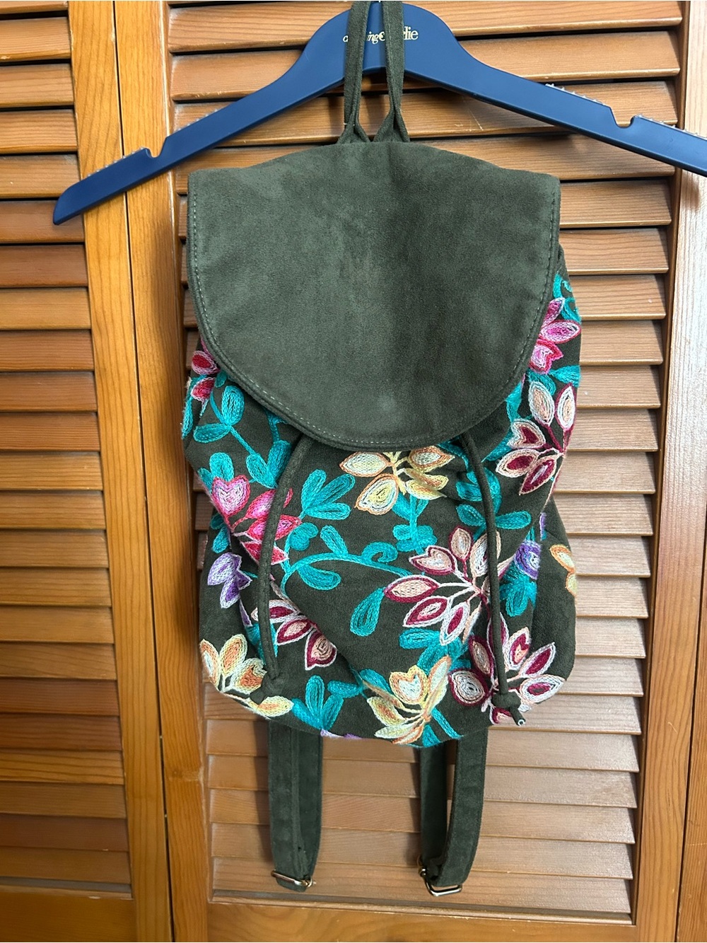 Olive Green Floral Embroidered Suede-Trim Backpack